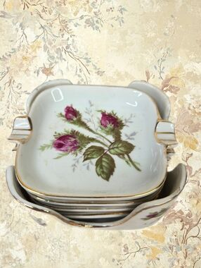 Vintage Set Of Individual Square Ashtrays Red Rose Buds Gold Trim Caddy Holder
